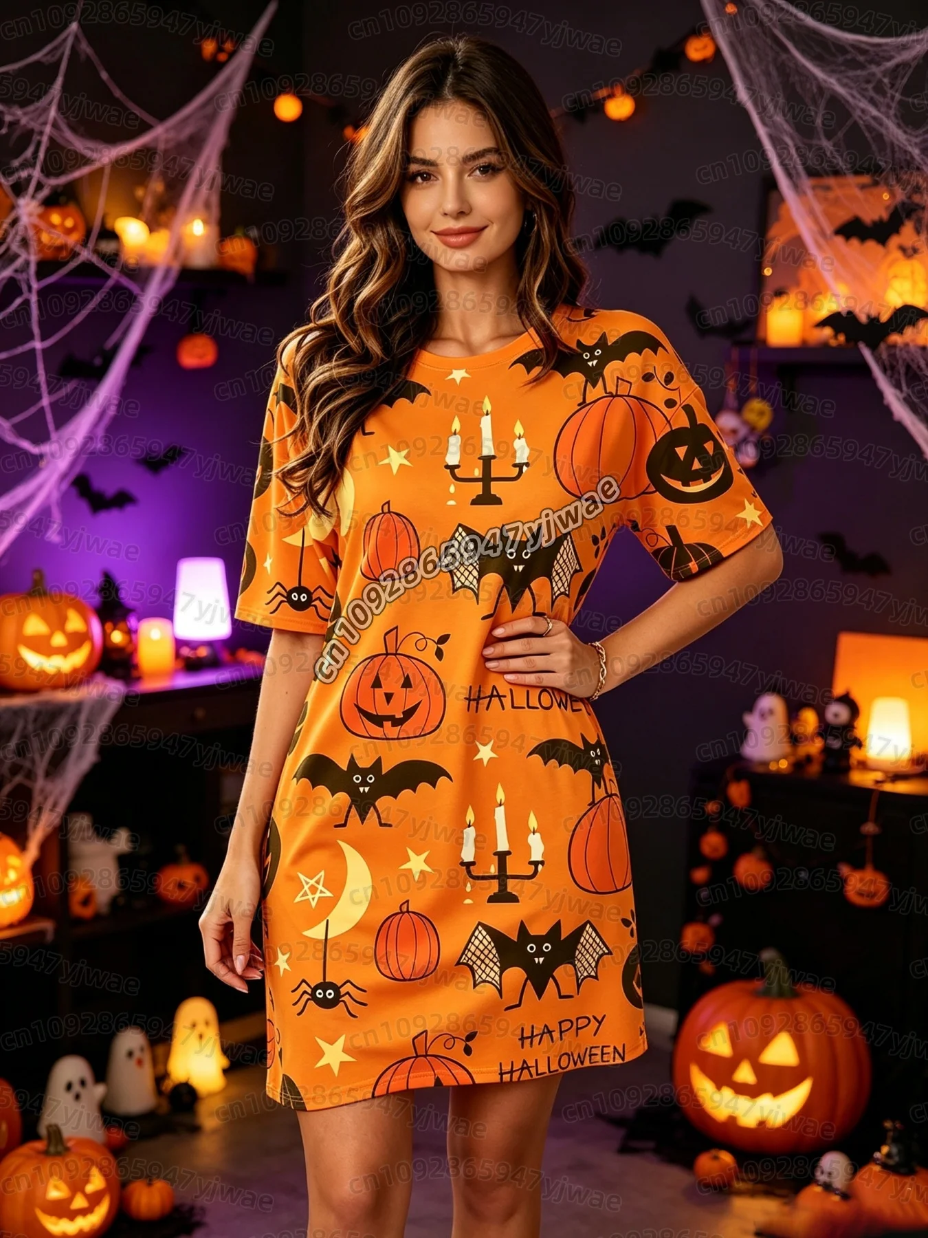 26 Damen „Halloween Karnevalsnacht“ Orange Kürbis-Fledermaus-Print T-Shirt-Kleid Damen Halloween Cosplay T-Shirt-Kleid – Detail 7