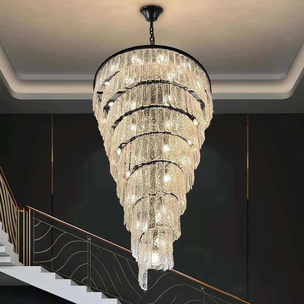 

Modern Glass Staircase Chandelier Led Black Indoor Lighting Creative Design Home Decor Lamp Luxury Large Lobby Round Lustre