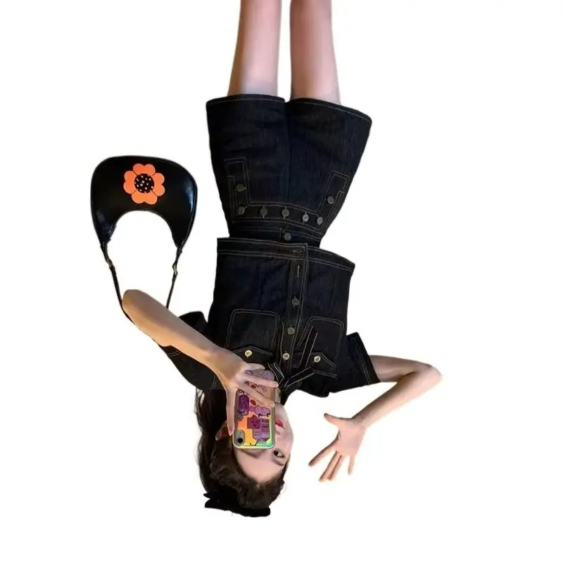 

Summer Foreign Style Retro Denim Suit Women's Design Sense Niche Shirt High Waist Wide Leg Shorts Two-piece Set Trendy Exquisite