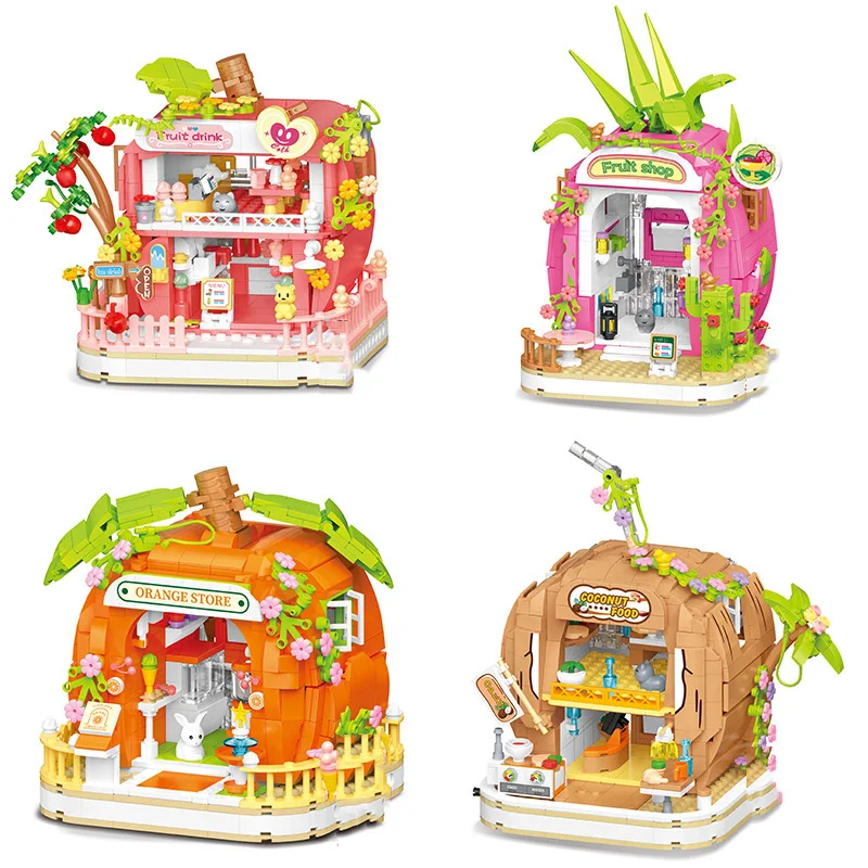 Creative Street View Town Mini Block Apple Drink House Dragon Fruit Shop Orange Coconut Food Store Block Brick Toy With Light