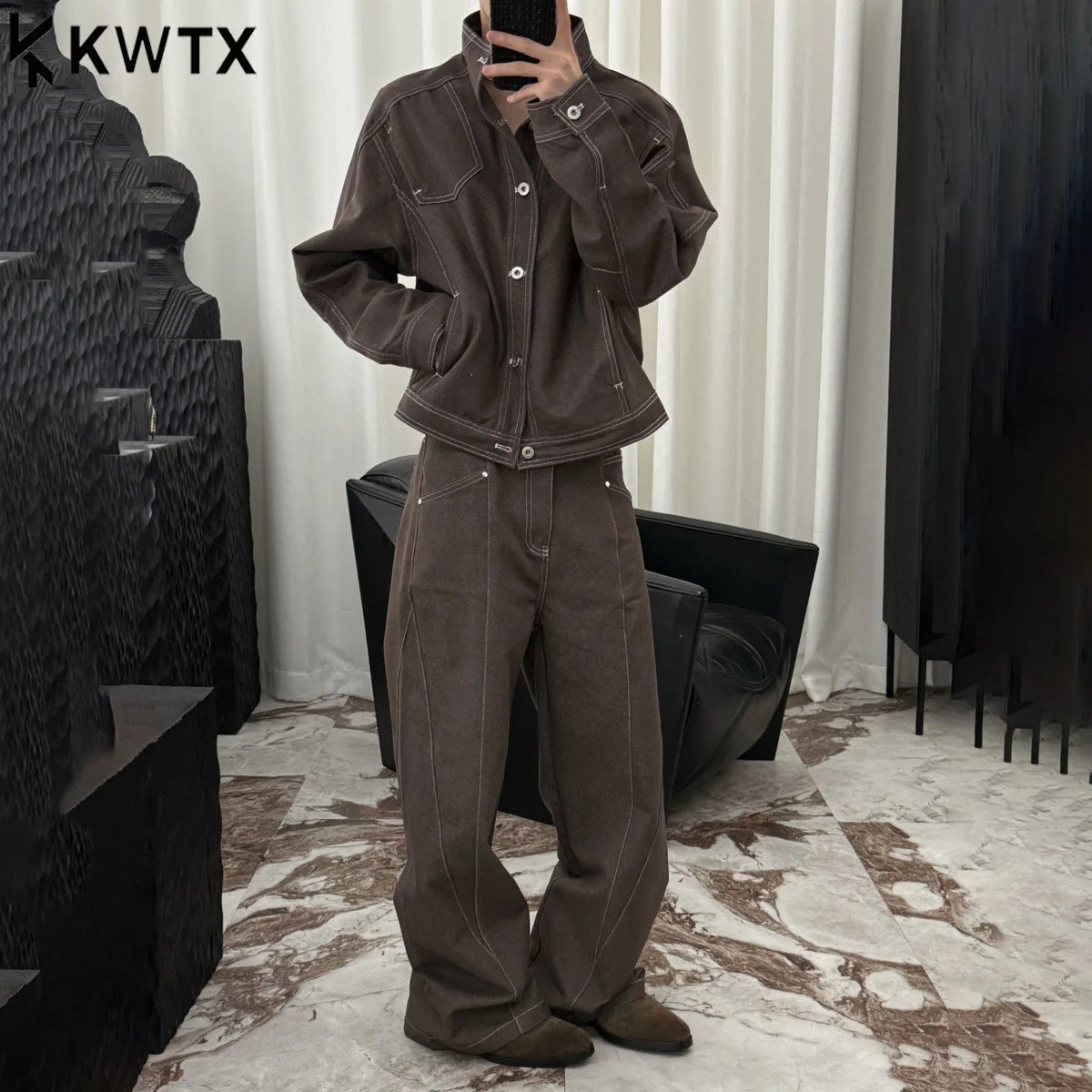 

KWTX женский комплект из 2 предметов, джинсовая куртка, широкие брюки с воротником-стойкой, однобортный, повседневный, удобный, осенний, повседневный, премиум-класса