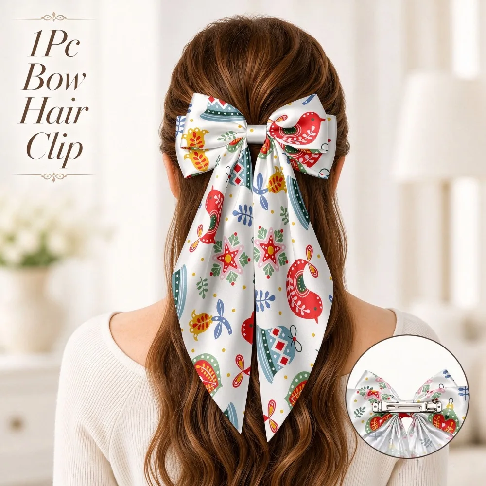 Christmas Satin Long Tail Bow Hair Clip, Folk Gingerbread Orange Candy Print Big Bow Hair Barrette, Xmas Party Hair Accessory