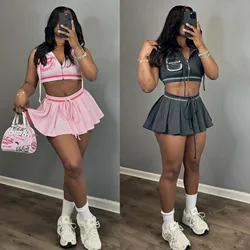 Summer Hoodie Tops 2 Piece Skirt Set Women Y2K Streetwear Sexy Crop Tops Jackets Pleated Cute Dress Two Piece Set Skirts Outfits