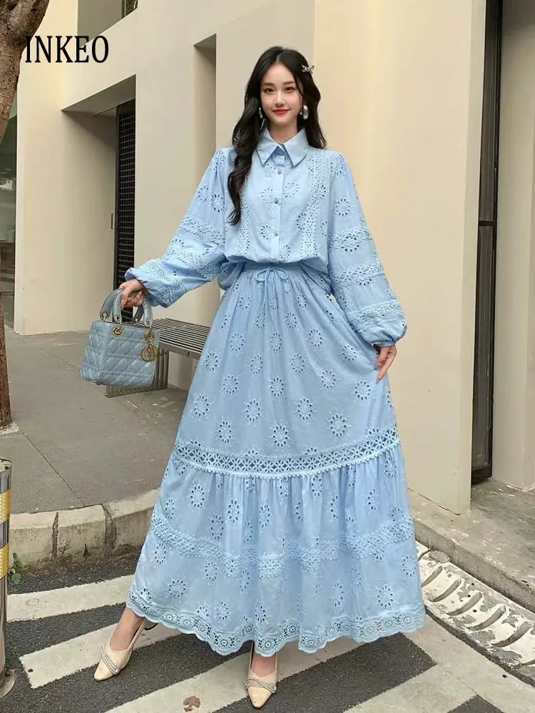 

Women's Beach Lace Embroidery Top And Elastic Waist Midi Skirt 2-Piece Set Long Sleeve Shirt 2025 New Luxury Elegant INKEO 5D092