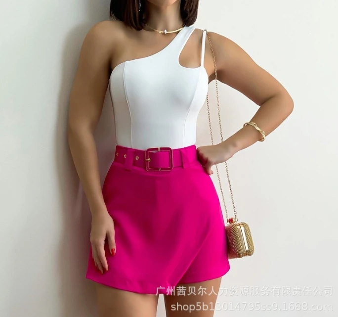 Women\'s Elegant Two-piece Set Commuting Slanted Collar One Shoulder Strap Sleeveless Vest Top and High Waisted Skirt Shorts Set