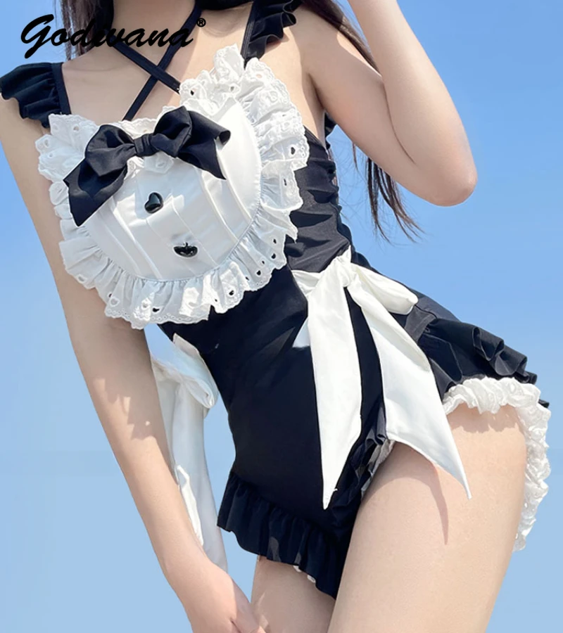 

Girls Japanese Maid Style Lolita One-Piece Hot Spring Bathing Swimsuit Women's Summer Sweet Sleeveless Bow Swimwear Suits