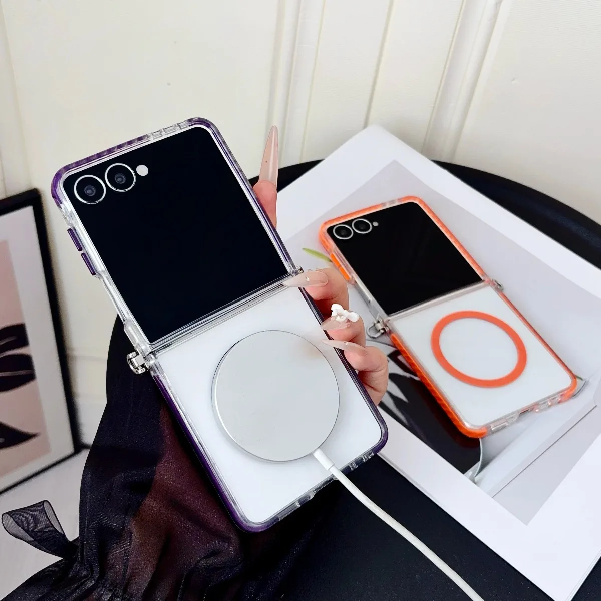 Transparent Magnetic Wireless Charging Phone Case for Samsung Galaxy Z Flip 7 6 5 4 3 Flip7FE Flip6 Shockproof Protective Cover