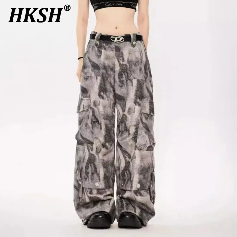 HKSH High Street Tie Dyed Design Multi Pockets Women Tide Straight Wide Leg Digital Printed Casual Pants Men's Chic Ins HK2486