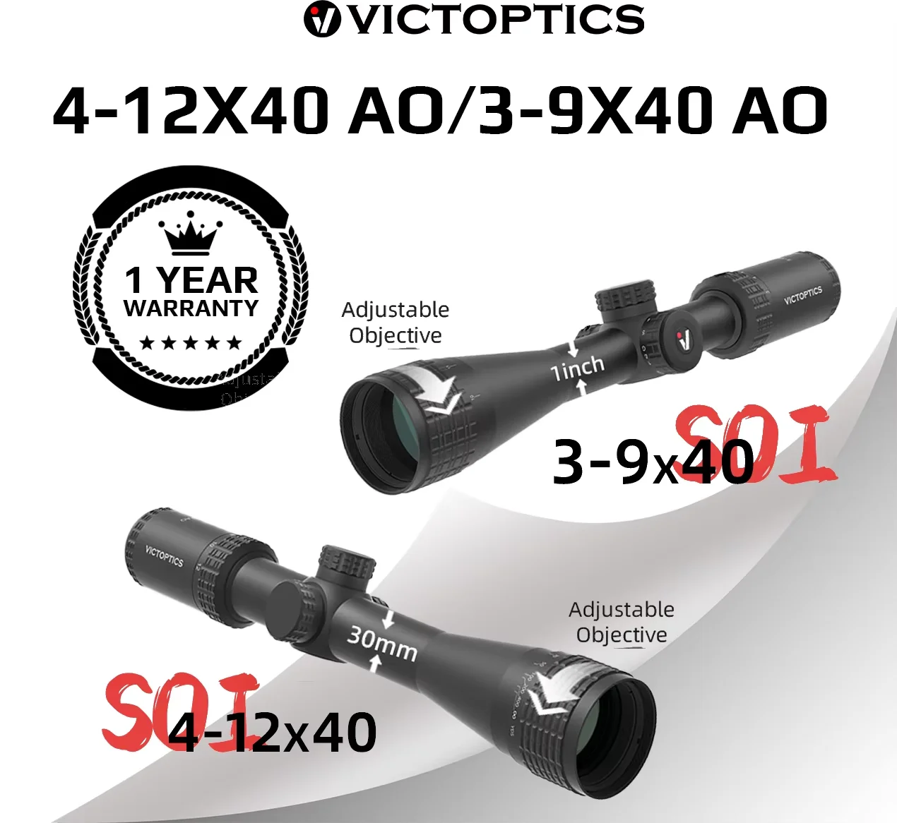 Image of VictOptics SOI 3-9X40/4-12x40 SFP Zielfernrohr 24,5 mm/30 mm Monotube mit Kappe 1/10 MIL mit Sonnenschutz und hochklappbaren Kappen für die Jagd