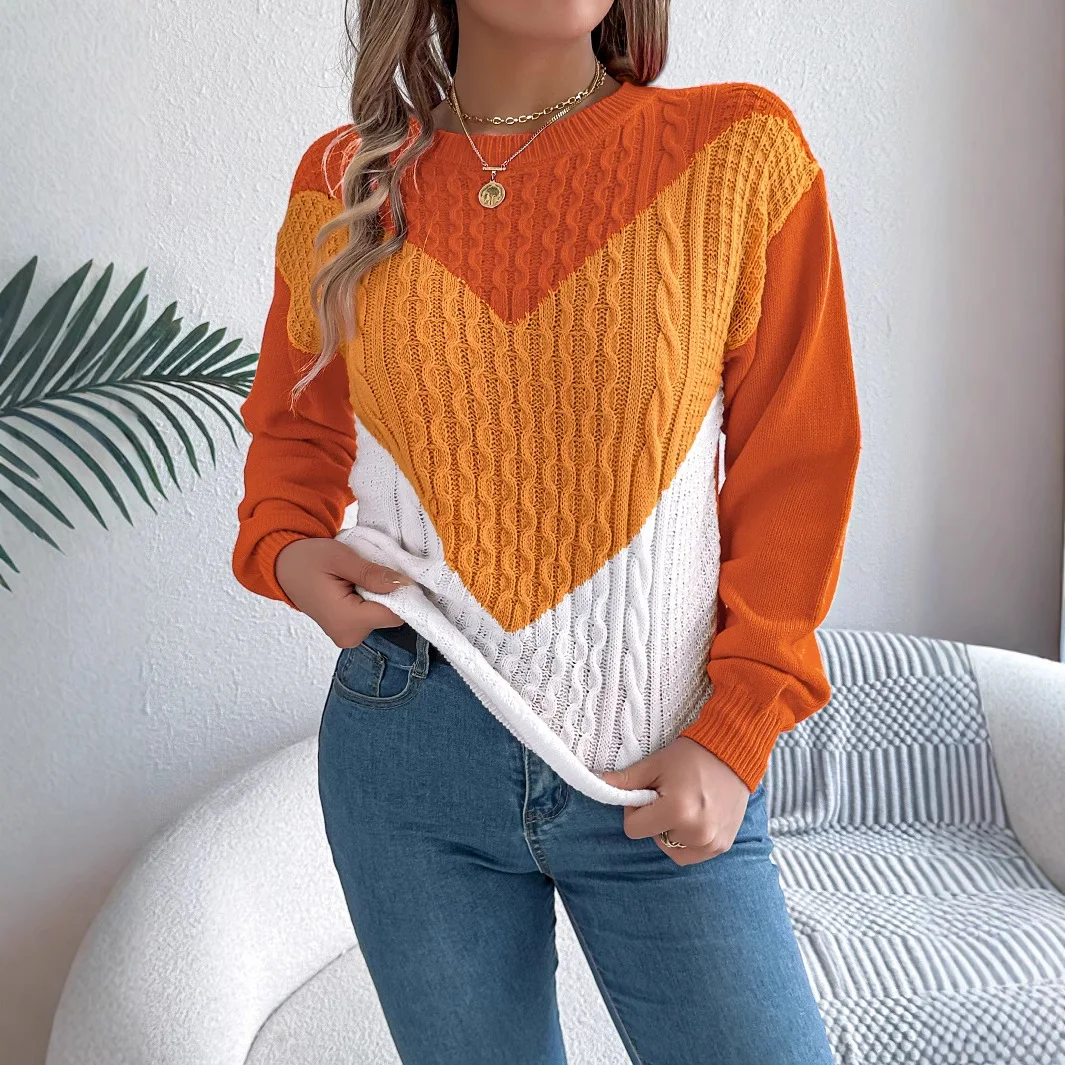 Women V Shape Color Block Cable Knit Sweater 2026 Autumn Winter O Neck Lantern Sleeve Loose Pullover Patchwork Warm Jumper