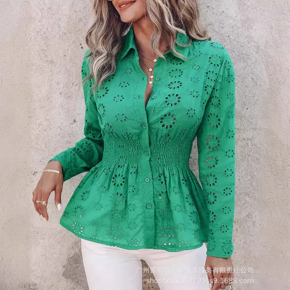 Green Top Women Embroidery Shirt Tops Blouses Turn Down Collar Shirts Elegant Splice Single Breasted Hollow Out Top Shirts Tight