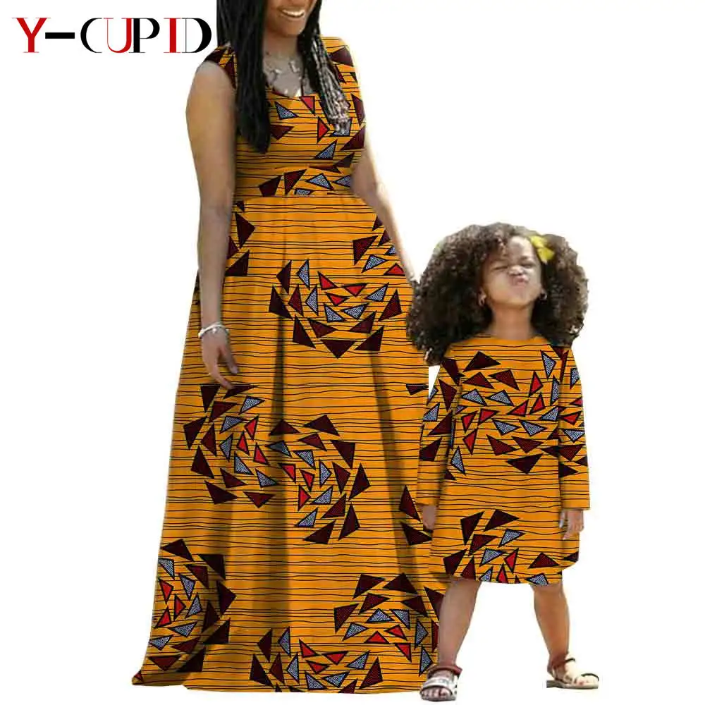 African Dress Women Girls Yarn Gown Vestidos Mother Slim Dresses Bazin Riche Daughter Matching Clothing Party Wedding YA19F006