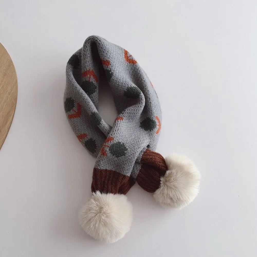 Jacquard Pattern Children Knitted Scarf Flower Print Windproof Winter Neckerchief Thick Pompon Cross Scarf