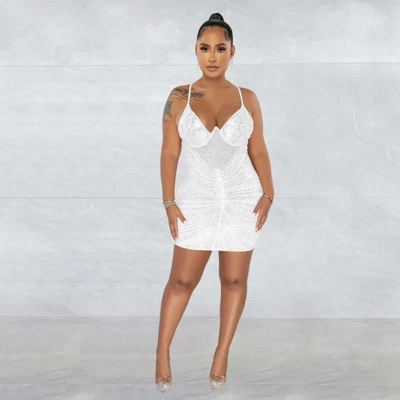 GUWU เซ็กซี่ Sparkle ดูผ่านตาข่ายคริสตัล Rhinestones ชุดมินิใหม่ Chic สายรัด Bodycon Diamond Party Dresses ชุดวันเกิด