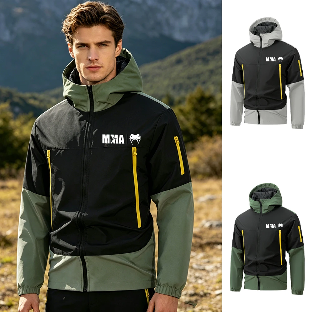 Men's MMA Snakehead Print Color Blocked Jacket Windproof Breathable Multi Pocket Outerwear Autumn Running And Hiking Sports Top