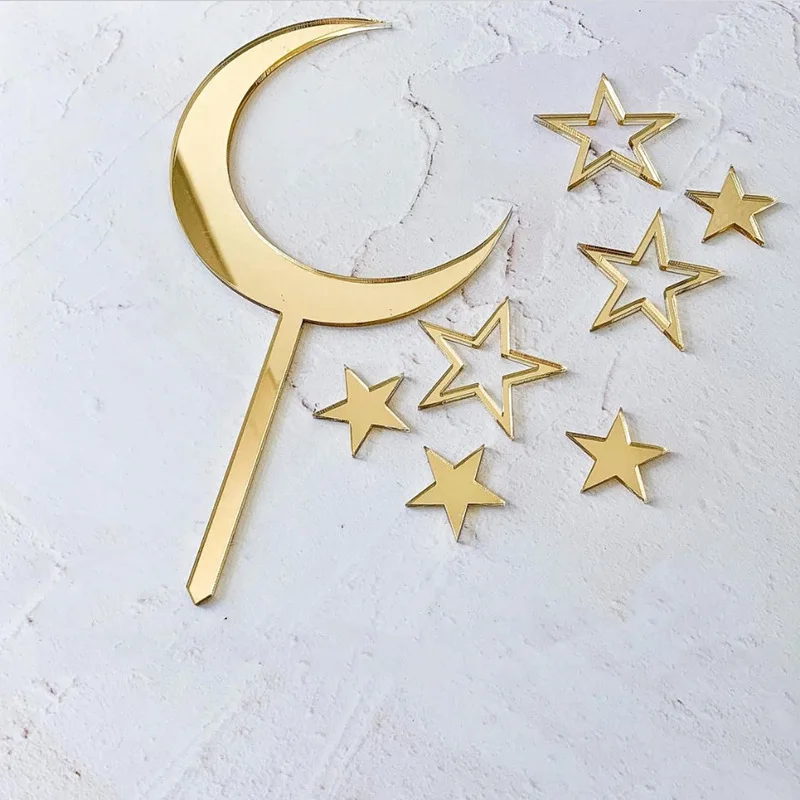 Gold Acrylic Moon Stars Wedding Cake Topper Happy Birthday Cake Topper for Girls Birthday Party Cake Decorations Baby Shower