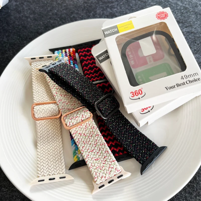 Glass+Case+Strap For Apple Watch Ultra 3-2 49mm band Braided Solo Loop Nylon watchband bracelet iWatch series Ultra Accessories