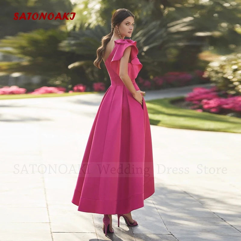 Robes De Soiree Elegant Red Satin Evening Dresses 2024 One-Shoulder High/Low A-Line Prom Party Gown with Pocket Vestidos Noche