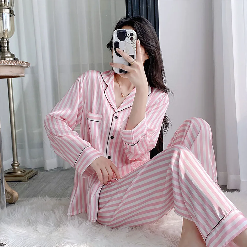 Pink Striped Printed Satin 2Pcs Sleep Set Pajamas Women Sleepwear Lapel Shirt Pants Pijamas Suit Spring Nightwear