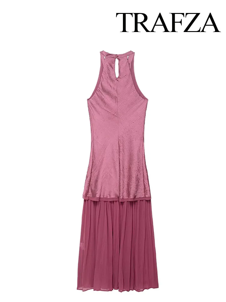 

TRAFZA Woman's New Fashion Dresses Solid Swinging Collar Sleeveless Hollow Out Decorate Button Female Summer Sexy Long Dress
