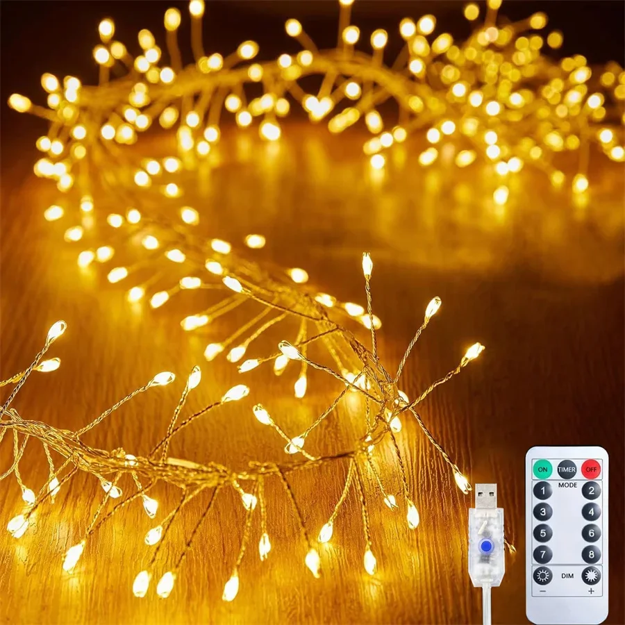 

200/400 LED Firecracker Fairy Light Outdoor USB Powered Cluster Christmas Light with Remote for Wreath DIY Party Decor