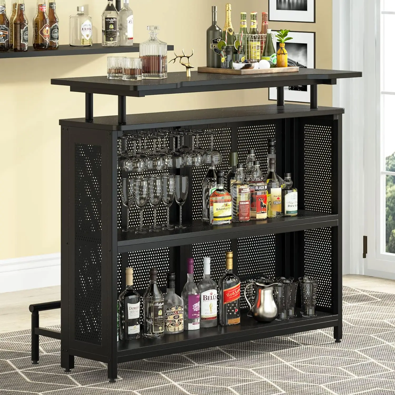 

3 Tier Liquor Bar Table with Stemware Racks and Wine Storage Shelves, Wine Bar Cabinet Mini Bar for Home Kitchen Pub