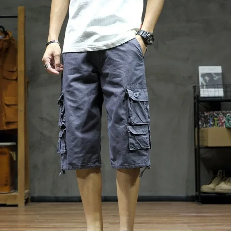 Широкие мешковатые шорты выше колена с карманами, мужские шорты-карго, свободные короткие брюки для мужчин, однотонные джерсы, японский уличный стиль, винтажные популярные