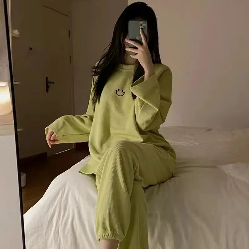 2024 Autumn Women Pajama Sets Smile Face 2 Pieces Sleepwear New Leisure Korean Long-sleeved Pants Suit Student Homewear Clothes