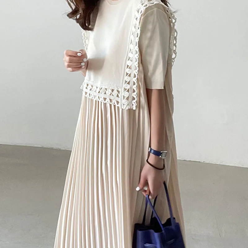 Chic été femmes ample longue plissée Dr rond Ne évider conception épissage doux Simple coréen Sle trajet
