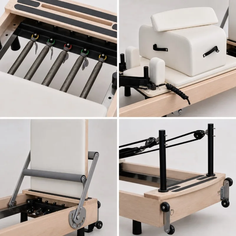 YTYIN FLOWA White Upholstery Low Maple Pilates Reformer 70kg With Foldable Box Chair Set And Nautical Pulley Bearing System