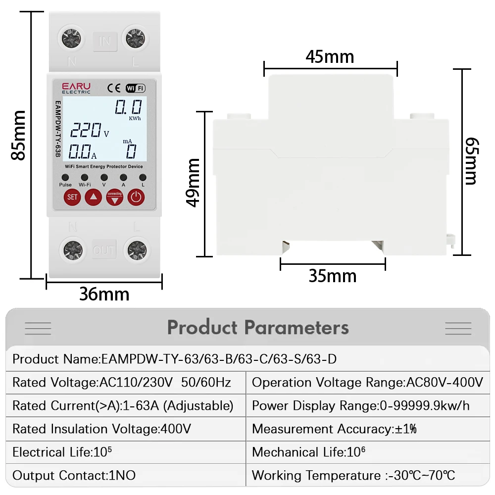 2P AC 230V Tuya WiFi Smart Circuit Earth Leakage Over Under Voltage Protector Relay Device Switch Breaker Energy Power kWh Meter