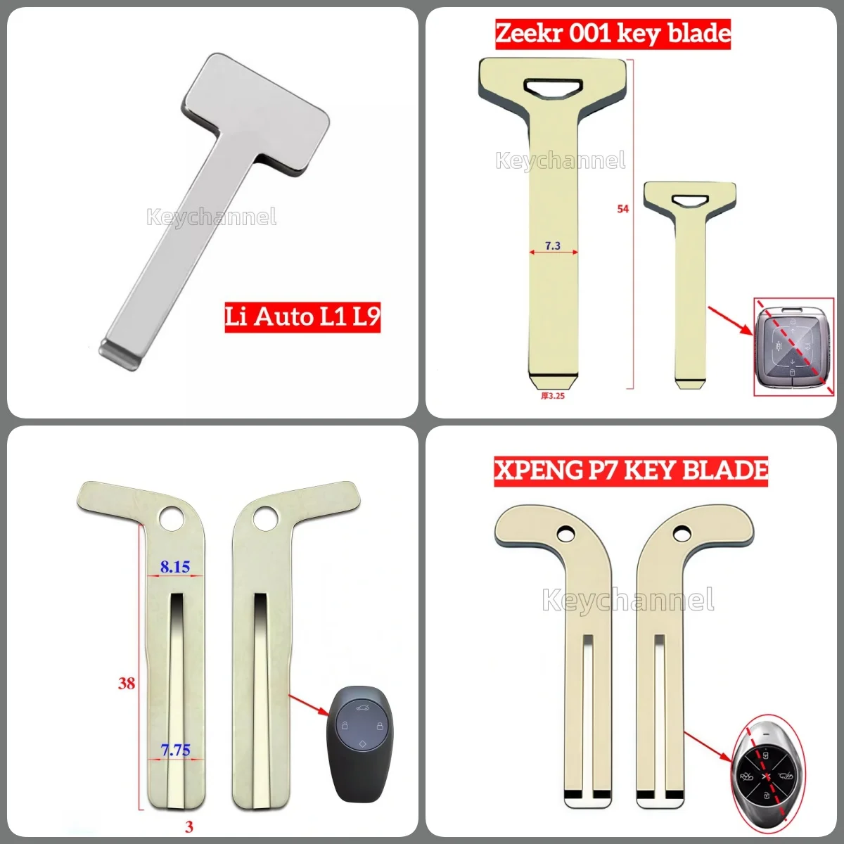 

keychannel 10pcs/bag Car Smart Key Blade Keyless Fob Emergency Insert Key Blank for Leapmotor ZEEKR 001 XPENG P7 Li Auto L1 L9