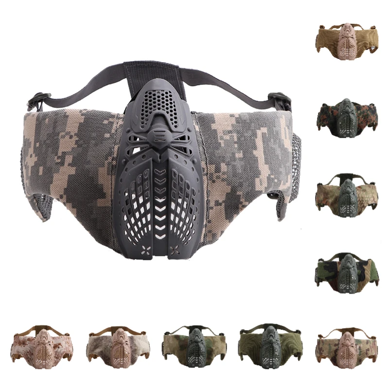 

zlangsports Tactical Half Face Spider Airsoft Mask with Ear Protection, Mesh CS Wargame Protective Masks Adjustable Double Belts