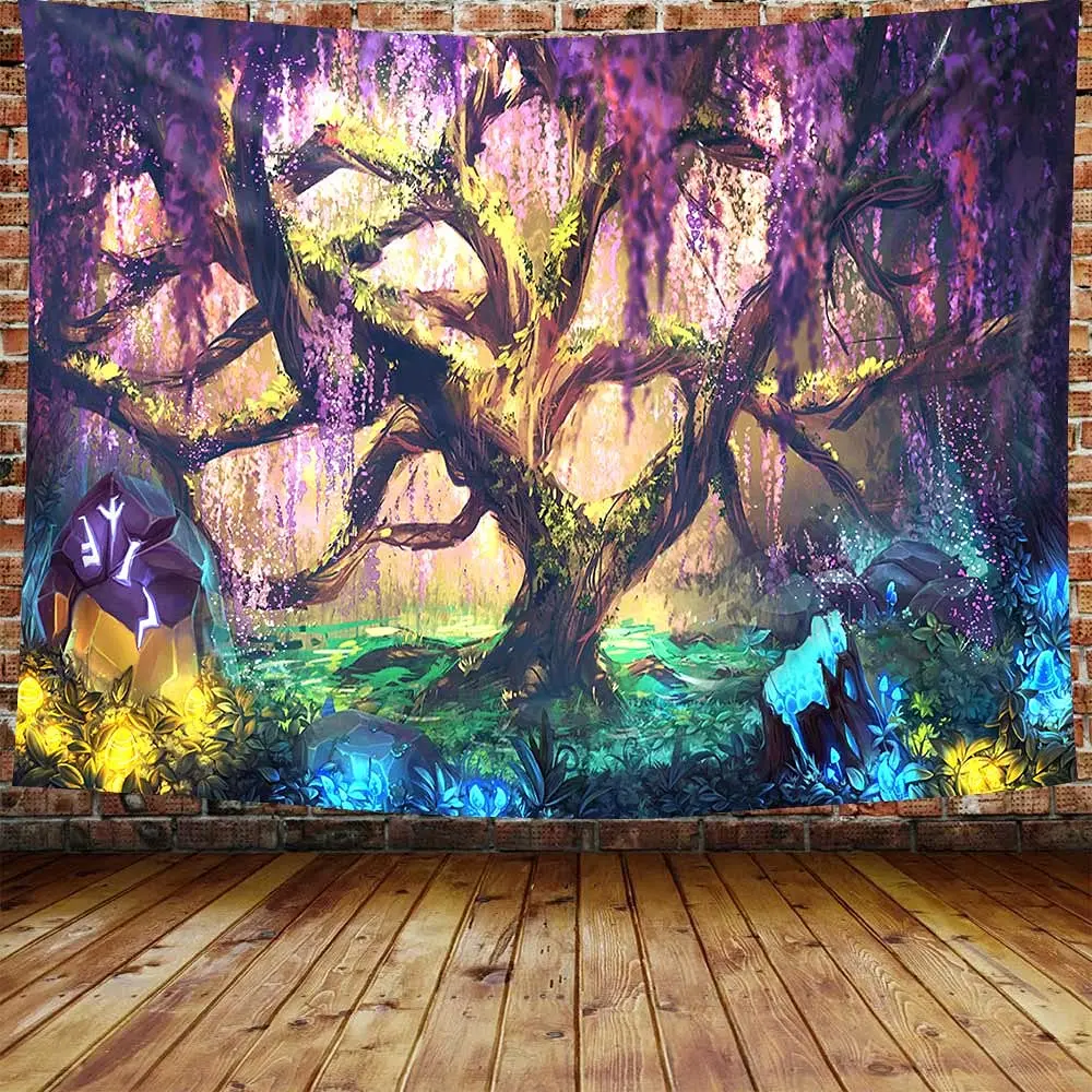 Trippy Enchanted Forest Tapestry Wisteria Tree Tapestries Fairy Tale Tree of Life Tapestry Wisteria Flower Tassel Wall Tapestry