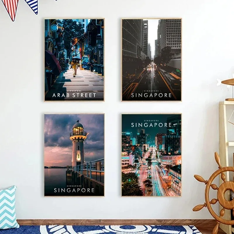 Modern Fashion Wall Art Singapore Cityscape Nightscape Architecture HD Canvas Poster Print Home Bedroom Living Room Decoration