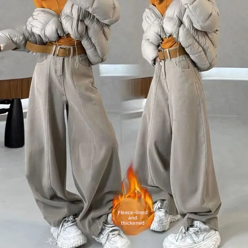 

American Sle Thiened Fce High Waist Wide Leg Casual Pants Women's Winter New Sle Slimming Concealing Versatile Loose...