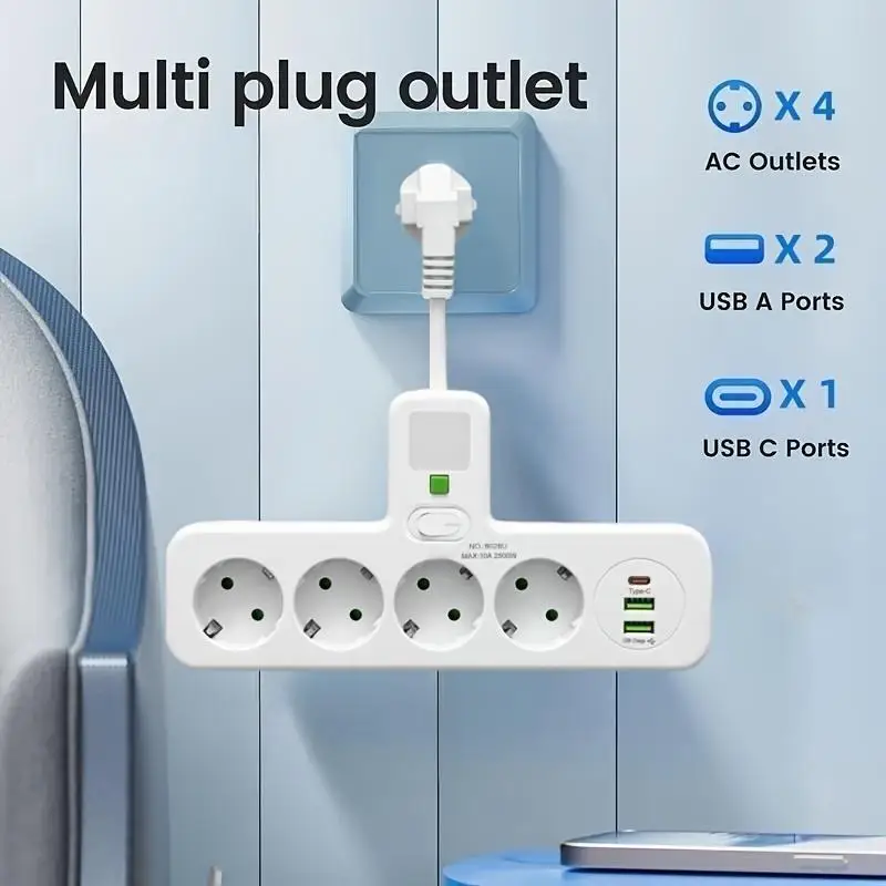 مفتاح التحكم الرئيسي لمقبس الطاقة المثبت على الحائط، 4 مقابس و3 منافذ طاقة، 2 USB و1 Type-C، سلك قصير مرن، مناسب لـ #4