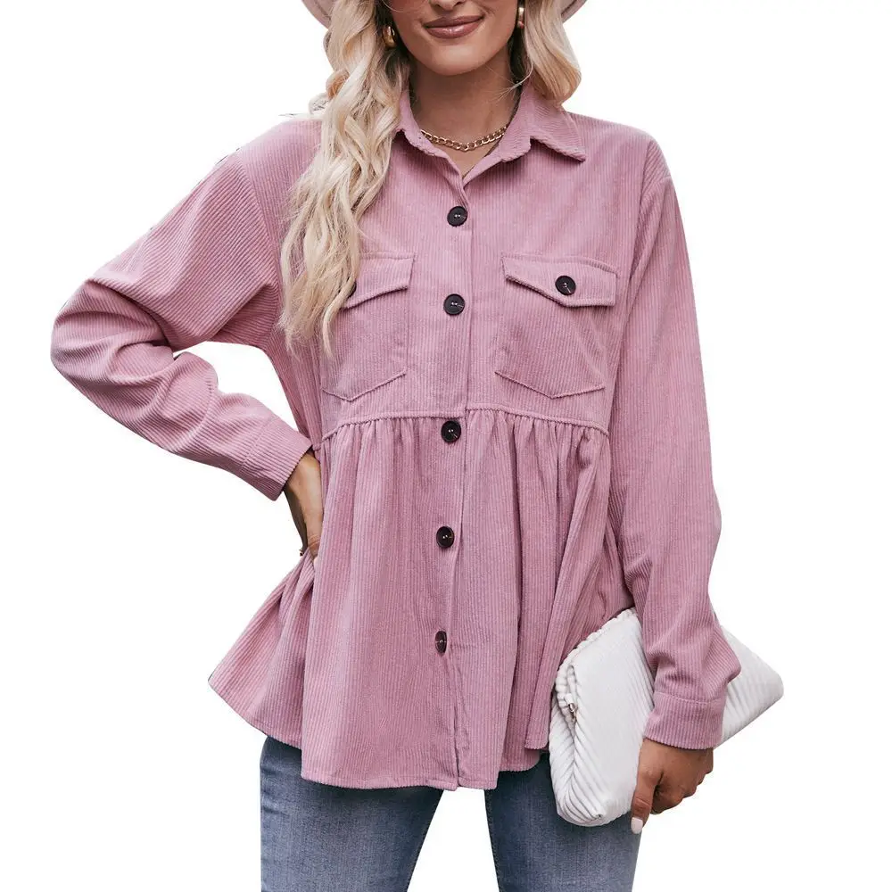 

Women Loose Fit Blouse Corduroy Long Sleeve Shirt Plain Solid Color Tops With Pocket Flap Pocket Drop Shoulder Peplum Hem Blouse