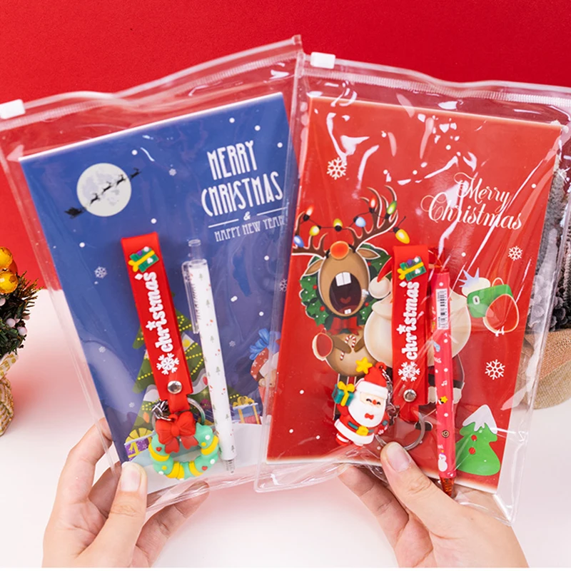 Christmas Stationery Set 3-in-1 - Notebook + Gel Pen + Christmas Keychain, Festive Santa Snowflake Design, Holiday Gift for Kids