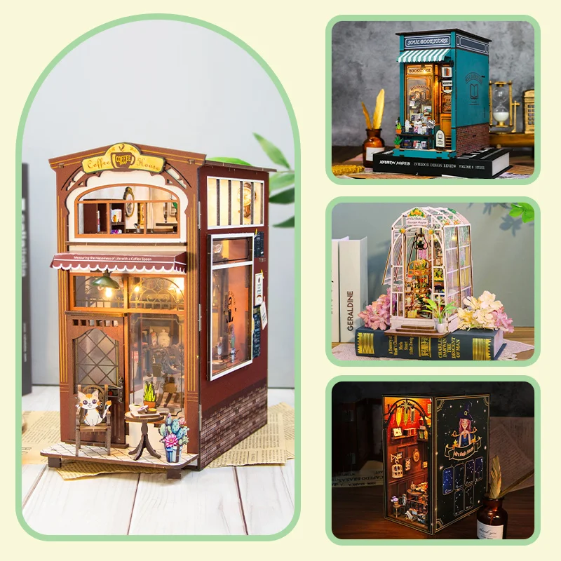 Wooden DollHouses Book Shelf Insert Miniature Building Kits Bookends Coffee House Bookshelf Dollhouse Toys For Friends Gifts