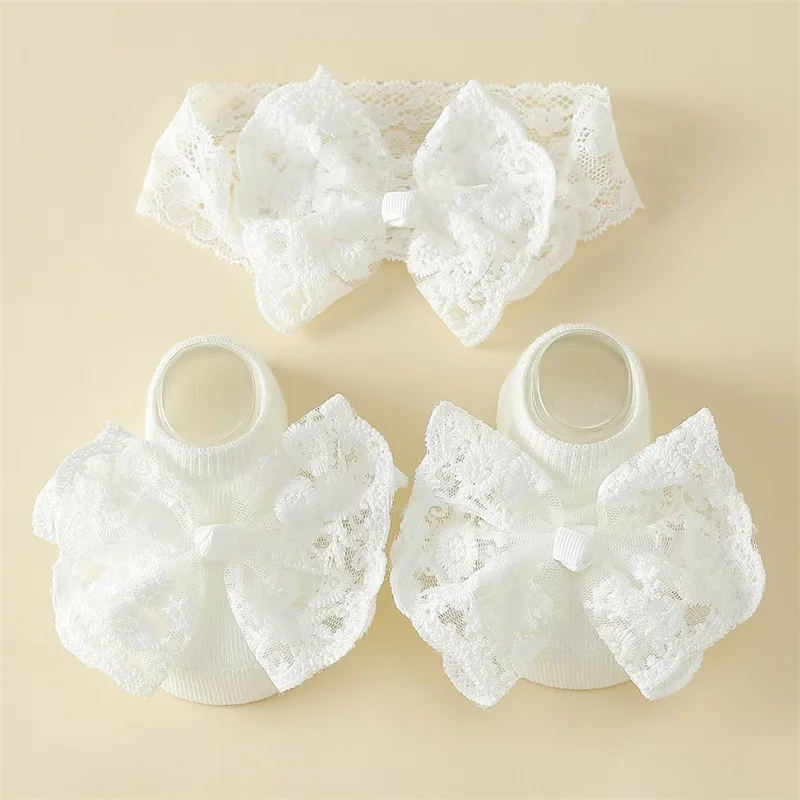 2Pcs/Set Newborn Baby Socks Bow Headband Set Beauty Infant Toddler Girls Lace Bowknot Elastic Hairband Soft Anti-slip Girls Sock