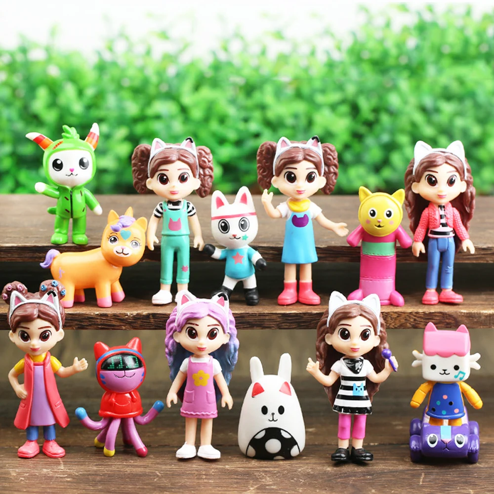 14pcs set PVC Gabby Dollhouse Figure Toy Mercat Cartoon Animals Smiling Car Cat Hug Gaby Girl Dolls Kids Birthday Gifts