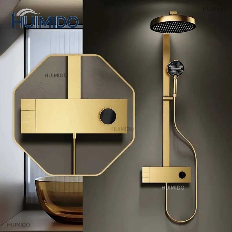 Gold BathroomSystem Luxury Rose Gold Shower Faucet  Brass Rainfall Shower Head Set Grey Shower Mixer Set