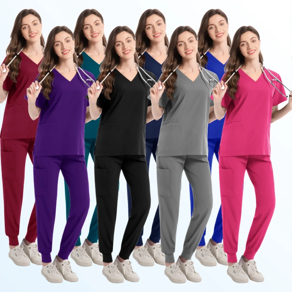 Women's Nurse Uniforms Short Sleeves V-neck High Sweatshirt Pants Set Medical Rubbing Women Summer Casual Women's Uniforms