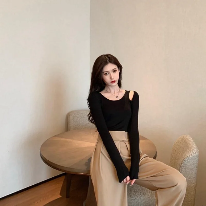 تصميم المتخصصة تي شيرت جديد 2025 ربيع الخريف الأسود الجوف مثير قاع خارج الكتف طويلة الأكمام سليم الأعلى للنساء #6