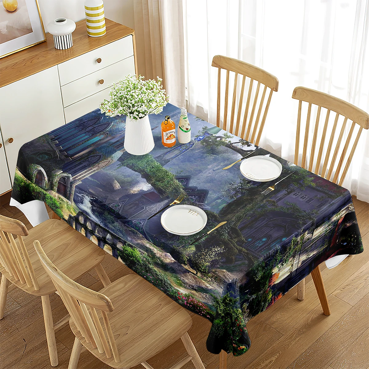 Fantasy World Tablecloth, Wonderland Forest with Elves Universe Theme Print, Dining Room Party Kitchen Rectangular Table Cover