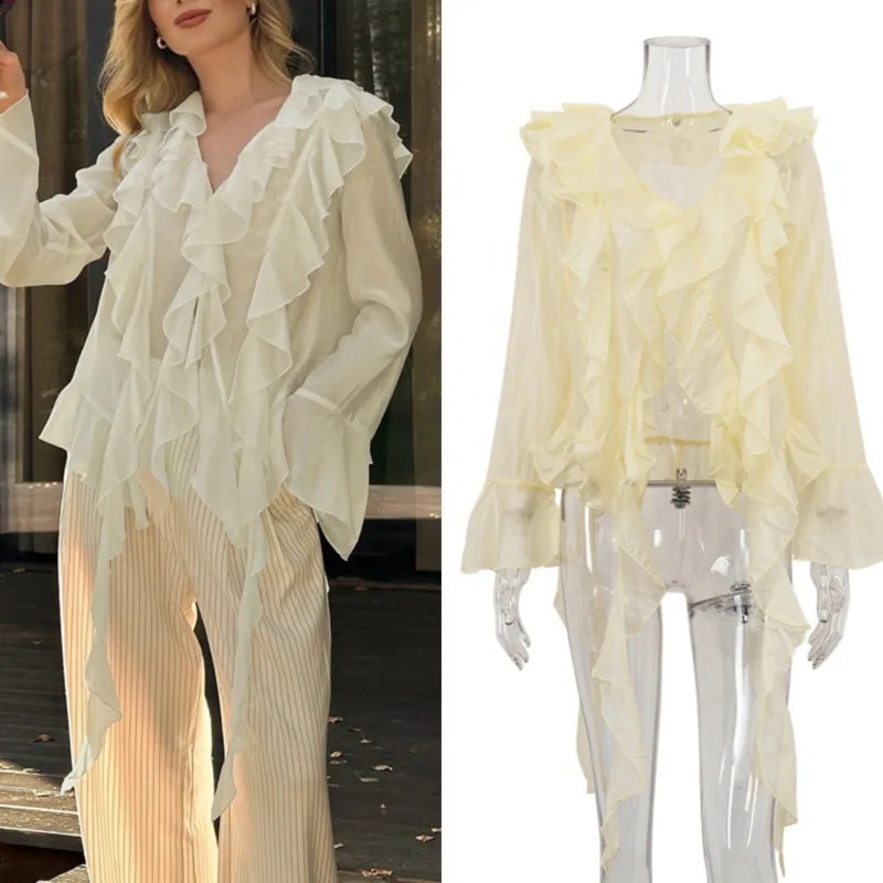 

Chic Casual Flounce Sleeve Sun Protection Shirt French Solid Color V-neck Chiffon Top Fashionable Summer Women's Pleated Shirt