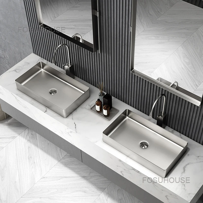 

Rectangular Stainless Steel Bathroom Sinks Platform Basin Household Toilet Wash Basin Light Luxury Wash Basin Art Bathroom Sink