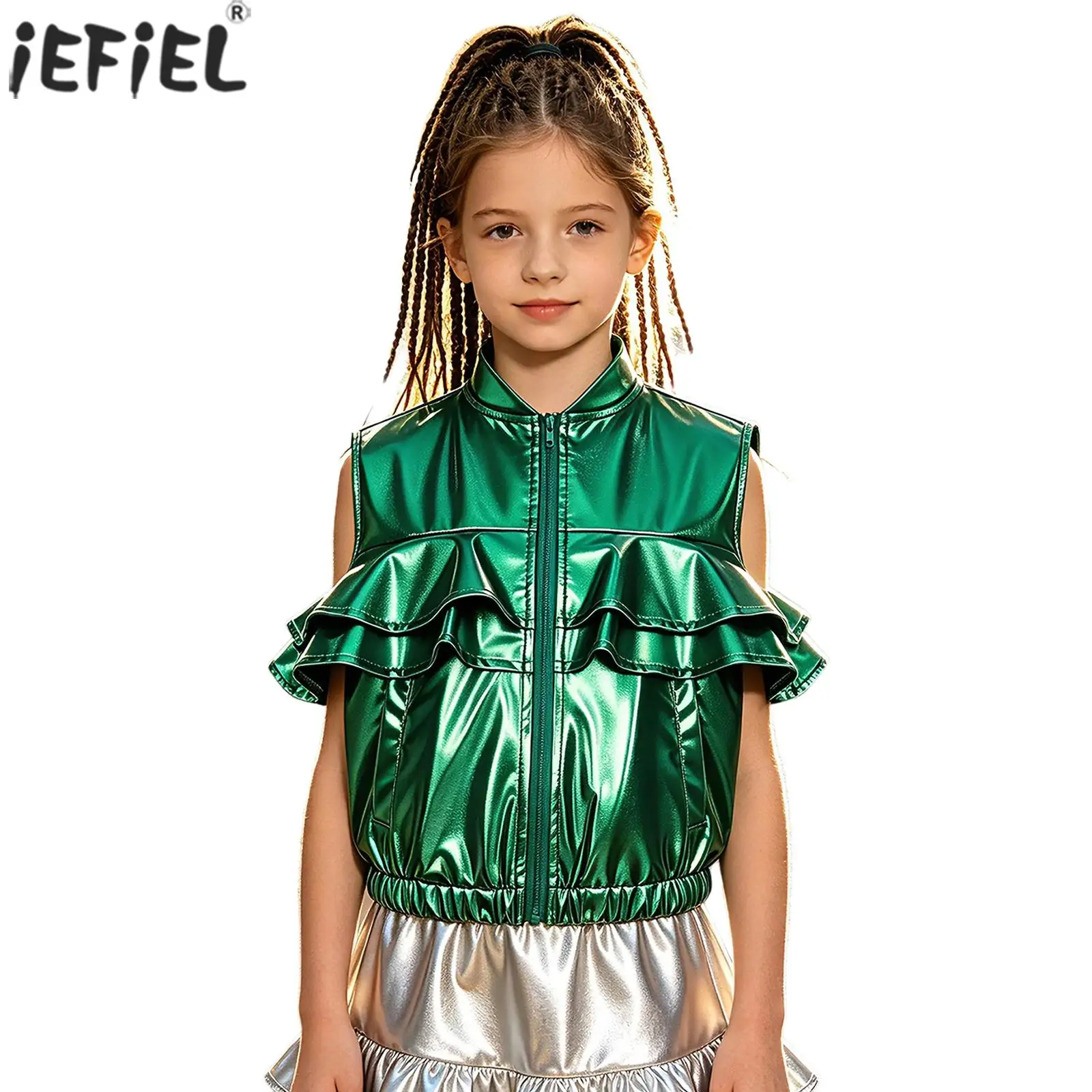 Kids Girls Metallic Ruffled Vest Top Elastic Hem Zipper Front Sleeveless Jacket with Pockets for Hip-hop Jazz Dance Performance
