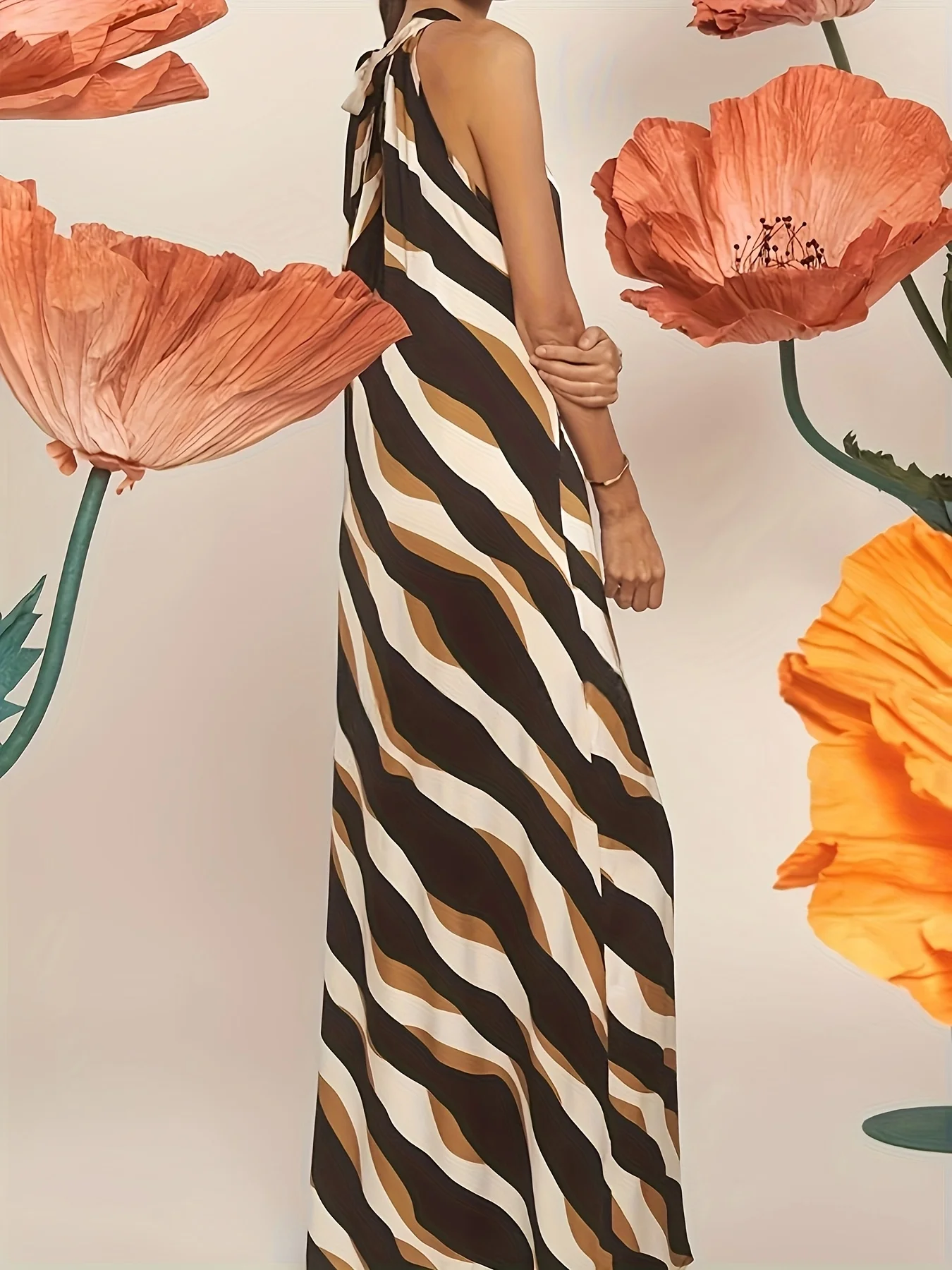 Summer casual elegant chic striped color blocked beach vacation sleeveless round neck tied dress long skirt